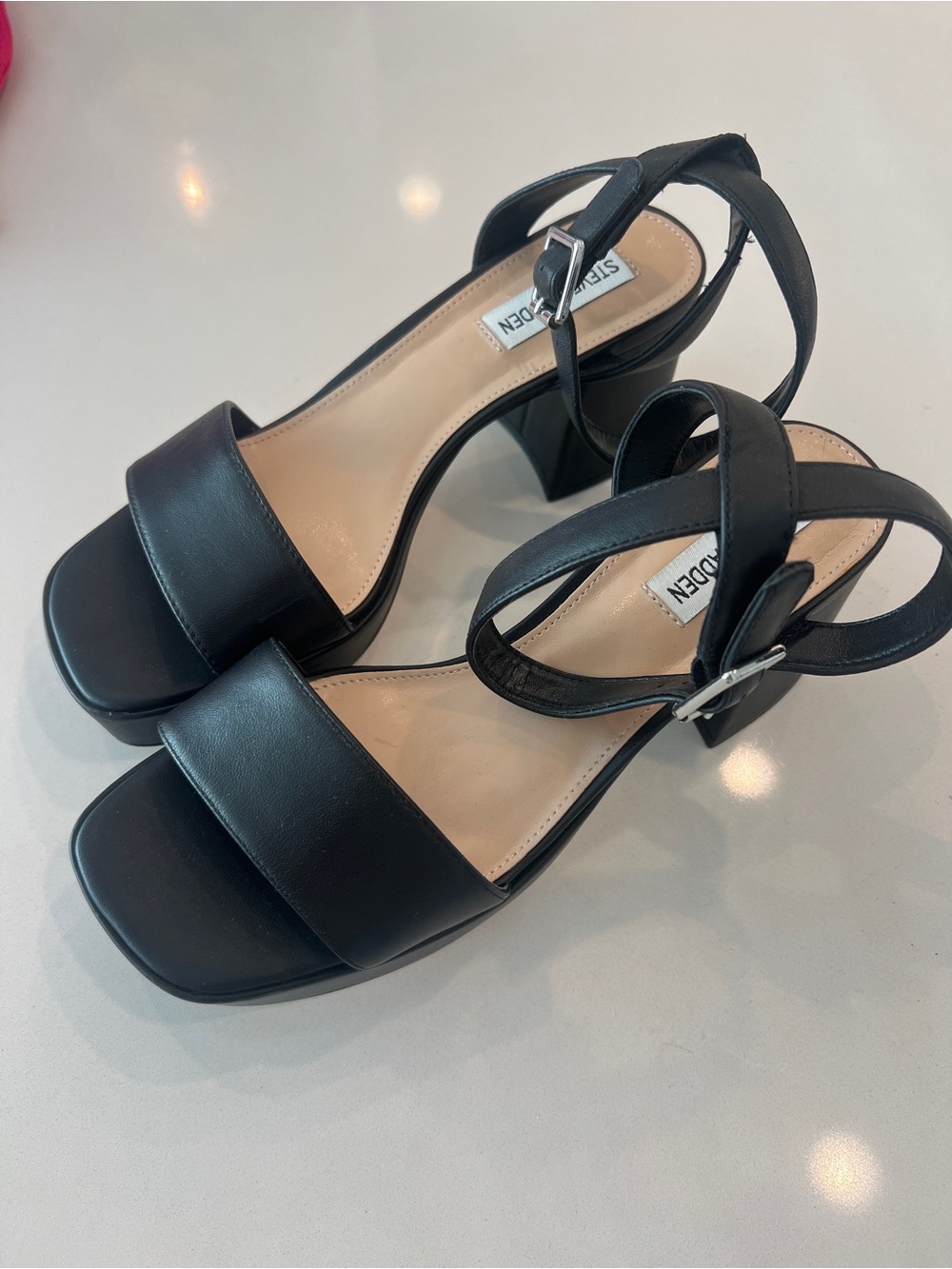 Steve Madden Black Platform Block Heel Sandals with Ankle Strap - Picture 2 of 4